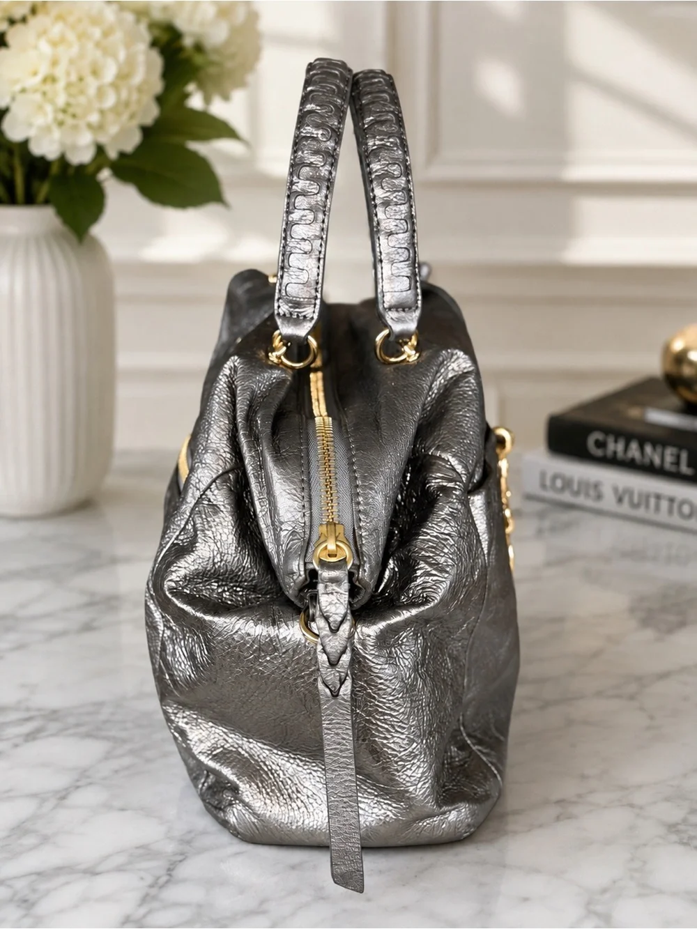 Henri Bendel Metallic Gunmetal Leather Satchel | Navy Satin Lining | Hangtag